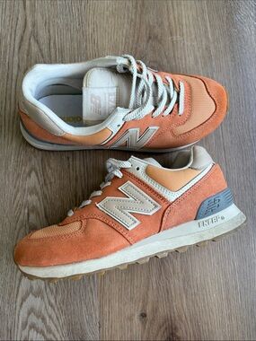 New Balance 574 Orange & Cream Suede Sneakers